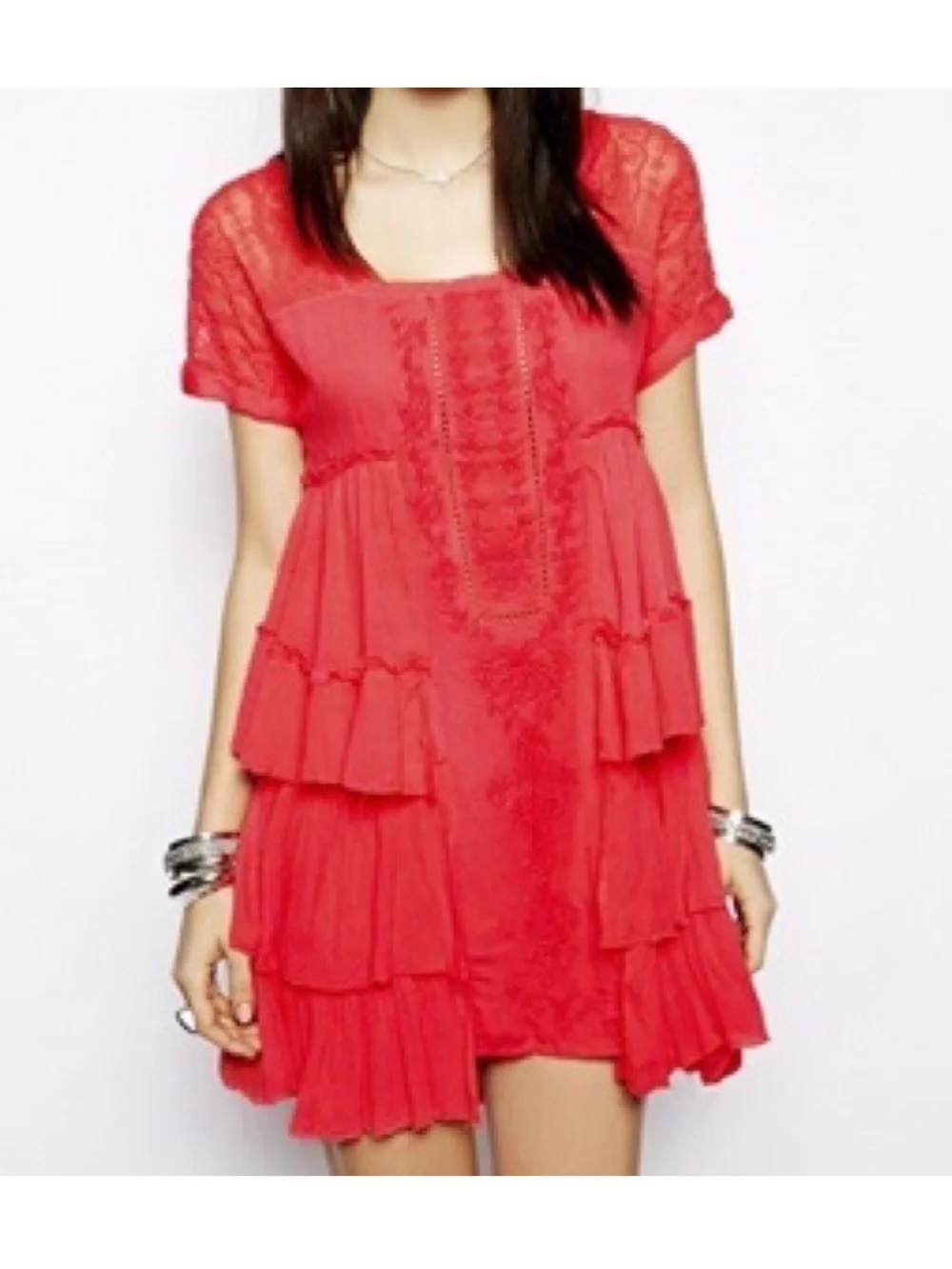 Free People Coral Sunbeams Tiered Lace Mini Dress NWOT